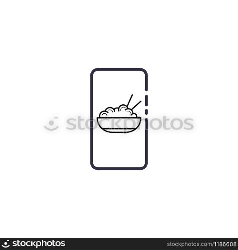 Outline icon of vector smartphone with ramen bowl noodles and chopstick. Asian restaurant food logo. Spaghetti illustration sign.