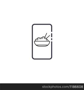 Outline icon of vector smartphone with ramen bowl noodles and chopstick. Asian restaurant food logo. Spaghetti illustration sign.