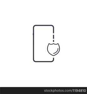 Outline icon of vector smartphone with shield shape. Protection and safety call mobile screen concept line illustration