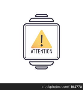 Outline icon of vector smartwatch with attention and warning sign. Exclamation yellow marks in the shapes of a triangle
