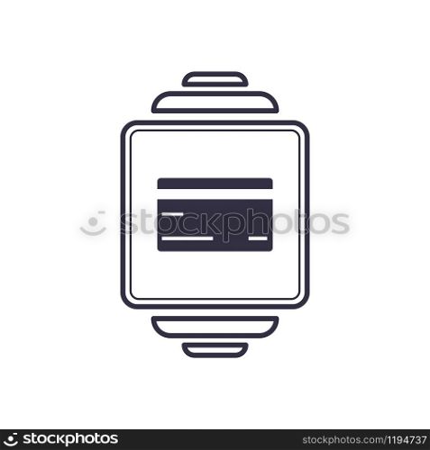 Outline icon of vector smartwatch with credit plastic card. Electronic comerce mobile screen concept line illustration
