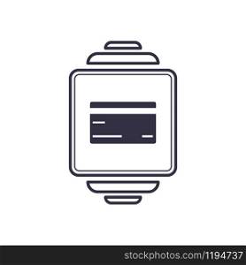 Outline icon of vector smartwatch with credit plastic card. Electronic comerce mobile screen concept line illustration