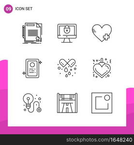 Outline Icon set. Pack of 9 Line Icons isolated on White Background for responsive Website Design Print and Mobile Applications.. Creative Black Icon vector background