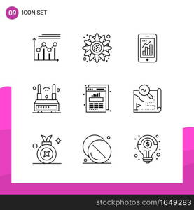 Outline Icon set. Pack of 9 Line Icons isolated on White Background for responsive Website Design Print and Mobile Applications.. Creative Black Icon vector background