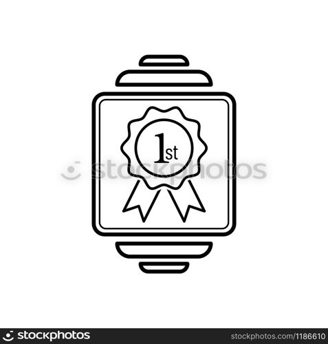 Outline icon smart watch with 1st. Electronic media screen modern hand gadget device. Vector rosette award medal logo. Win prize place symbol