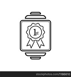 Outline icon smart watch with 1st. Electronic media screen modern hand gadget device. Vector rosette award medal logo. Win prize place symbol