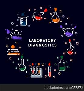 Outline icons in round frame - laboratory flask, measuring cup, test tube, for diagnosis, medical screening, scientific experiment or chemistry lesson. Chemical lab equipment. Isolated vector signs. Laboratory Flasks Icon Set
