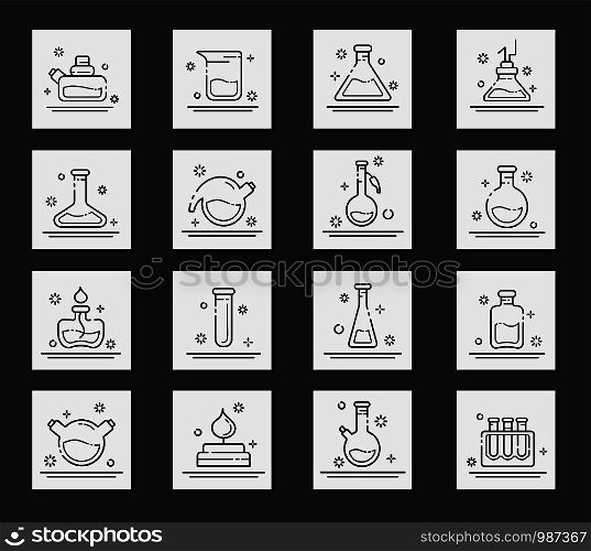 Outline icons set - laboratory flask, measuring cup, test tube, burner for diagnosis, medical screening, scientific experiment or chemistry lesson. Chemical lab equipment. Isolated vector signs. Laboratory Flasks Icon Set