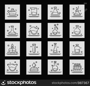 Outline icons set - laboratory flask, measuring cup, test tube, burner for diagnosis, medical screening, scientific experiment or chemistry lesson. Chemical lab equipment. Isolated vector signs. Laboratory Flasks Icon Set