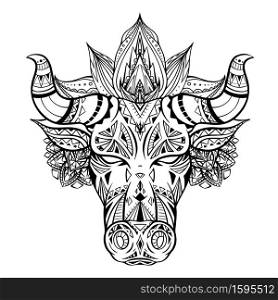 Outline illustration of a bull head with boho decoration and mandala. The symbol of the new year 2021. Contour native buffalo with horns. Vector illustration of animal head for tattoo and your design. Outline illustration of a bull head with boho decoration and mandala. The symbol of the new year 2021. Contour native buffalo with horns. Vector illustration