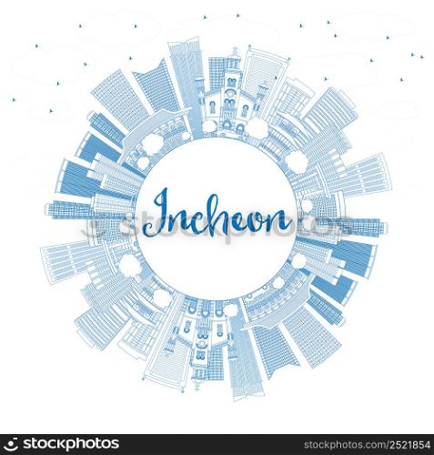 Outline Incheon Skyline with Blue Buildings and Copy Space. Vector Illustration. Business Travel and Tourism Concept with Modern Buildings. Image for Presentation Banner Placard and Web Site.