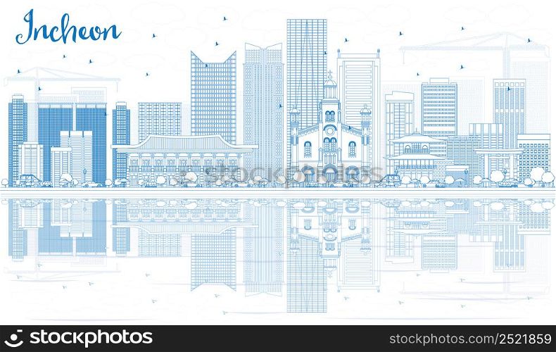 Outline Incheon Skyline with Blue Buildings and Reflections. Vector Illustration. Business Travel and Tourism Concept with Modern Buildings. Image for Presentation Banner Placard and Web Site.