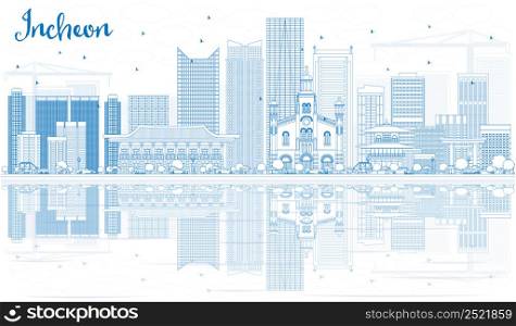 Outline Incheon Skyline with Blue Buildings and Reflections. Vector Illustration. Business Travel and Tourism Concept with Modern Buildings. Image for Presentation Banner Placard and Web Site.
