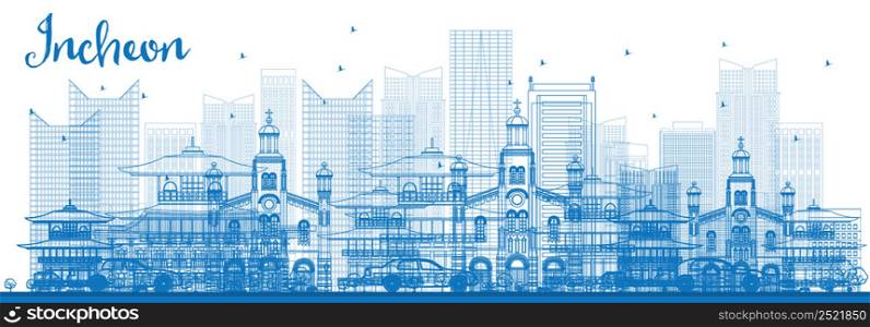 Outline Incheon Skyline with Blue Buildings. Vector Illustration. Business Travel and Tourism Concept with Modern Architecture. Image for Presentation Banner Placard and Web Site.