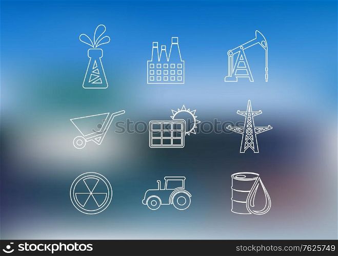 Outline industrial icons set with Oil derrick, factory, oil pump, wheelbarrow, solar battery, high-voltage tower, nuclear sign, barrel, truck and tractor