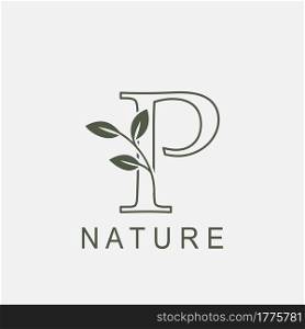Outline Initial Letter P Nature Leaf logo icon vector design concept luxury floral leaf .
