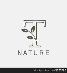 Outline Initial Letter T Nature Leaf logo icon vector design concept luxury floral leaf .