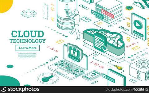 Outline Isometric Cloud Technology Networking Concept. Vector Illustration. Internet Data Services. Computing Online Storage. Cloud Platform. Cyber Security Template.