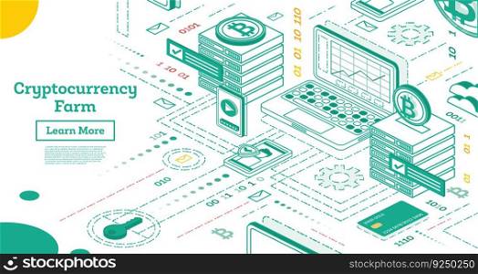 Outline Isometric Cryptocurrency Farm. Mining Servers. Vector Illustration. Blockchain Platform Creation of Digital Currency.