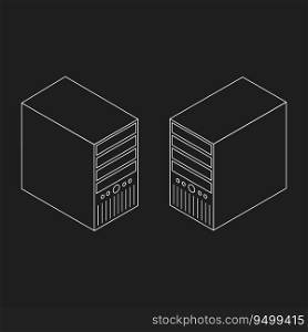Outline isometric vector icon set. Desktop computers on the black background. Desktop computer icons. Vector images on black