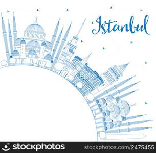 Outline Istanbul Skyline with Blue Landmarks and Copy Space. Vector Illustration. Business Travel and Tourism Concept with Istanbul City. Image for Presentation Banner Placard and Web Site.