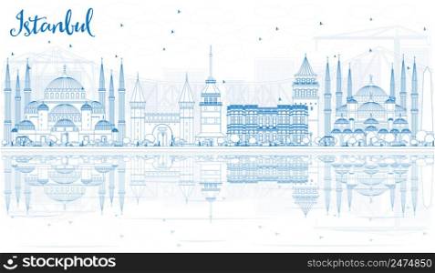 Outline Istanbul Skyline with Blue Landmarks and Reflections. Vector Illustration. Business Travel and Tourism Concept with Istanbul City. Image for Presentation Banner Placard and Web Site.