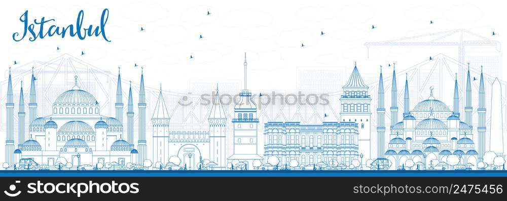 Outline Istanbul Skyline with Blue Landmarks. Vector Illustration. Business Travel and Tourism Concept with Istanbul City. Image for Presentation Banner Placard and Web Site.