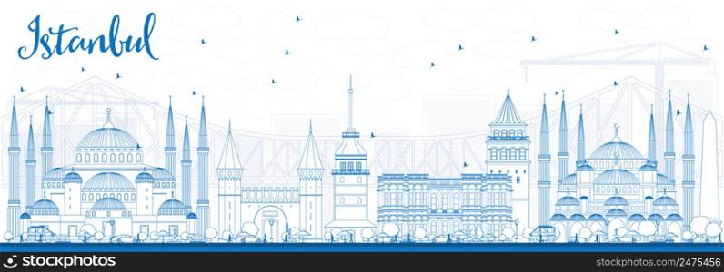 Outline Istanbul Skyline with Blue Landmarks. Vector Illustration. Business Travel and Tourism Concept with Istanbul City. Image for Presentation Banner Placard and Web Site.