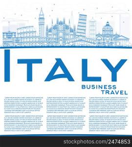 Outline Italy Skyline with Blue Landmarks and Copy Space. Vector Illustration. Business Travel and Tourism Concept with Historic Architecture. Image for Presentation Banner Placard and Web Site.