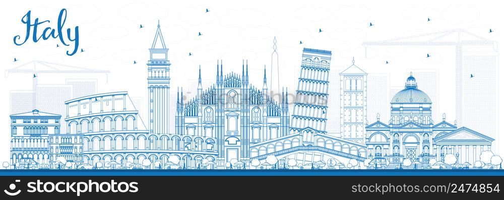 Outline Italy Skyline with Blue Landmarks. Vector Illustration. Business Travel and Tourism Concept with Historic Architecture. Image for Presentation Banner Placard and Web Site.