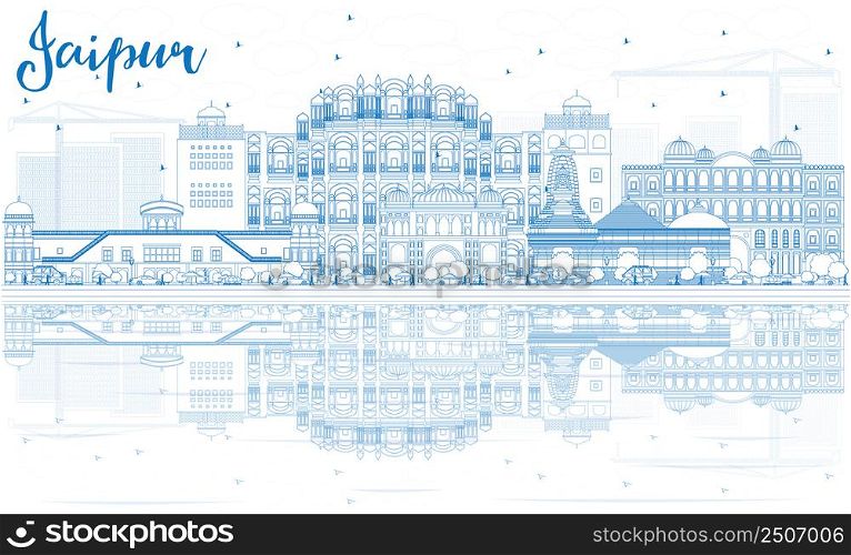 Outline Jaipur Skyline with Blue Landmarks and Reflections. Vector Illustration. Business Travel and Tourism Concept with Historic Architecture. Image for Presentation Banner Placard and Web Site.