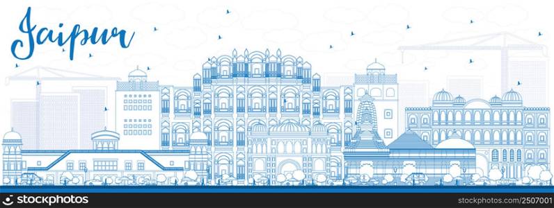 Outline Jaipur Skyline with Blue Landmarks. Vector Illustration. Business Travel and Tourism Concept with Historic Buildings. Image for Presentation Banner Placard and Web Site.