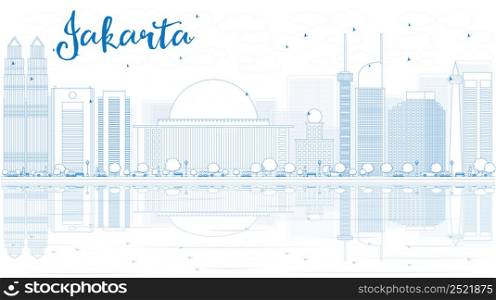 Outline Jakarta skyline with blue buildings and reflections. Vector illustration. Business travel and tourism concept with place for text. Image for presentation, banner, placard and web site.