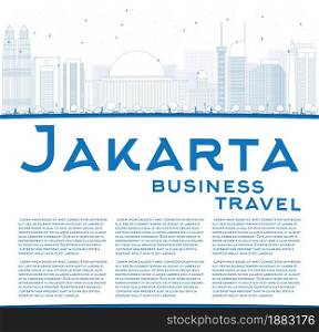 Outline Jakarta skyline with blue landmarks and copy space. Vector illustration. Business travel and tourism concept with place for text. Image for presentation, banner, placard and web site.