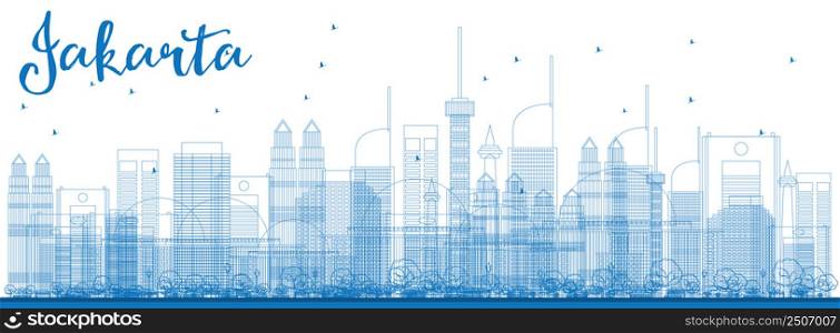 Outline Jakarta skyline with blue landmarks. Vector illustration. Business travel and tourism concept with historic buildings. Image for presentation, banner, placard and web site.