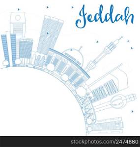 Outline Jeddah Skyline with Blue Buildings and Copy Space. Vector Illustration. Business Travel and Tourism Concept with Modern Buildings. Image for Presentation Banner Placard and Web Site.