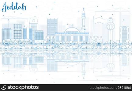 Outline Jeddah Skyline with Blue Buildings and Reflections. Vector Illustration. Business Travel and Tourism Concept with Modern Architecture. Image for Presentation Banner Placard and Web Site.