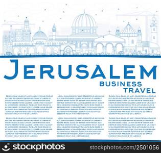 Outline Jerusalem Skyline with Blue Buildings and Copy Space. Vector Illustration. Business Travel and Tourism Concept with Historic Architecture. Image for Presentation Banner Placard and Web Site.