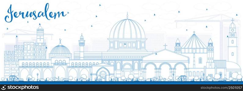 Outline Jerusalem Skyline with Blue Buildings. Vector Illustration. Business Travel and Tourism Concept with Historic Architecture. Image for Presentation Banner Placard and Web Site.