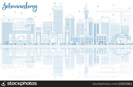Outline Johannesburg Skyline with Blue Buildings and Reflections. Vector Illustration. Business Travel and Tourism Concept with Johannesburg Modern Architecture. Image for Presentation and Banner.