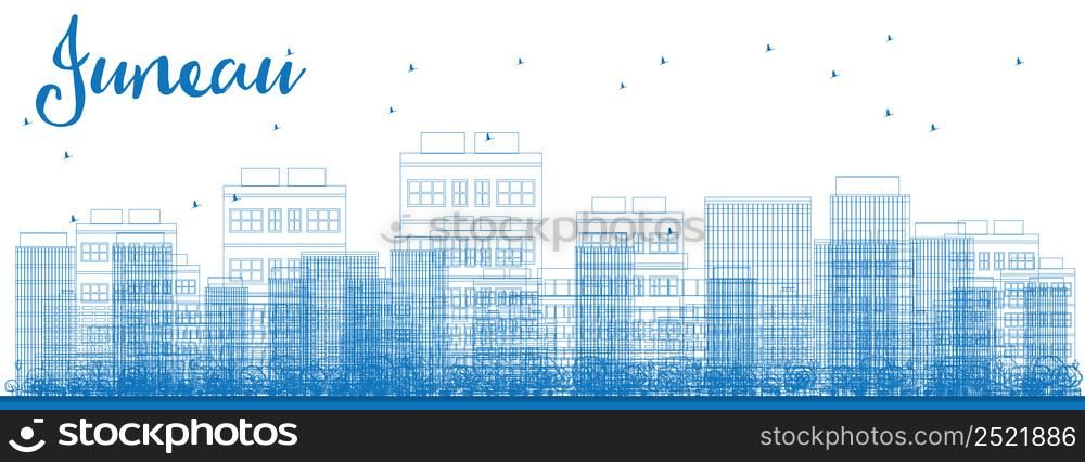 Outline Juneau (Alaska) Skyline with Blue Buildings. Vector Illustration. Business travel and tourism concept with modern buildings. Image for presentation, banner, placard and web site.
