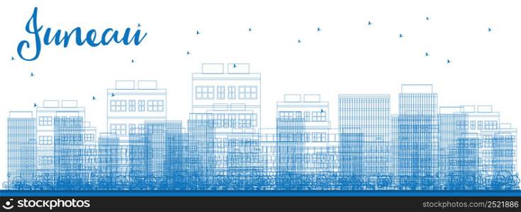 Outline Juneau (Alaska) Skyline with Blue Buildings. Vector Illustration. Business travel and tourism concept with modern buildings. Image for presentation, banner, placard and web site.