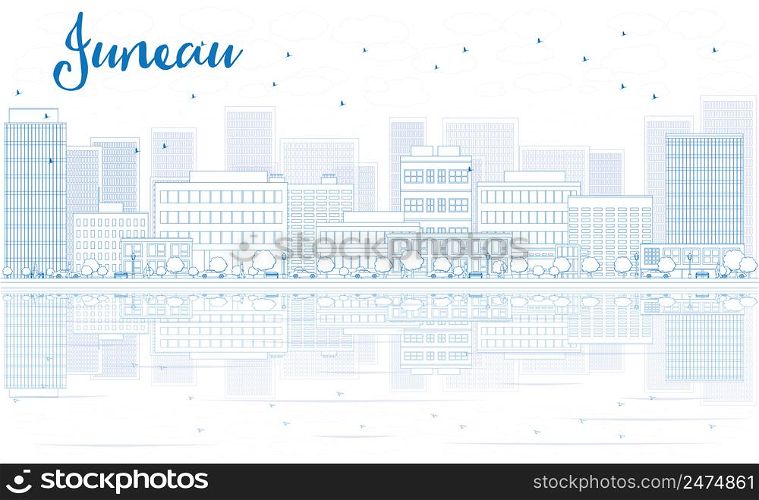 Outline Juneau skyline with blue buildings and reflections. Vector illustration. Business travel and tourism concept with place for text. Image for presentation, banner, placard and web site.