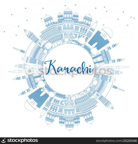 Outline Karachi Skyline with Blue Landmarks and Copy Space. Vector Illustration. Business Travel and Tourism Concept with Historic Buildings. Image for Presentation Banner Placard and Web Site.