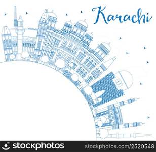 Outline Karachi Skyline with Blue Landmarks and Copy Space. Vector Illustration. Business Travel and Tourism Concept with Historic Buildings. Image for Presentation Banner Placard and Web Site.