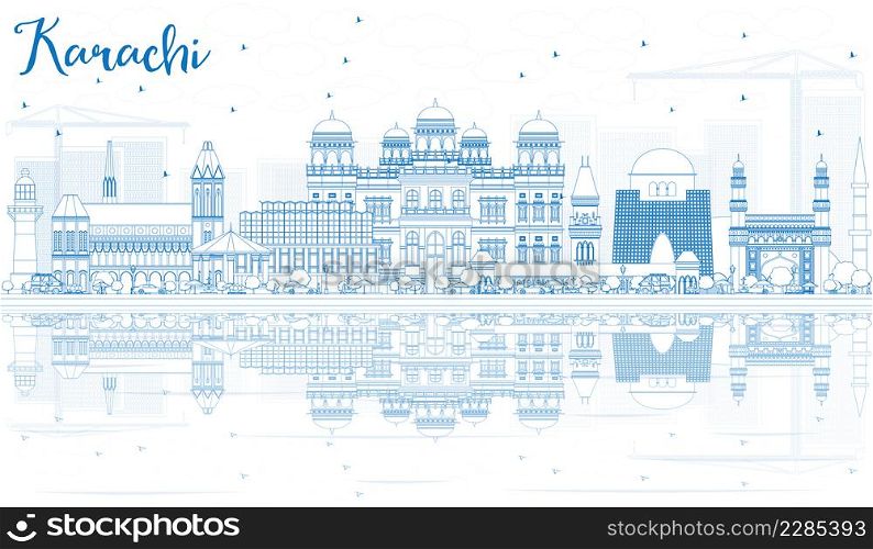 Outline Karachi Skyline with Blue Landmarks and Reflections. Vector Illustration. Business Travel and Tourism Concept with Historic Buildings. Image for Presentation Banner Placard and Web Site.