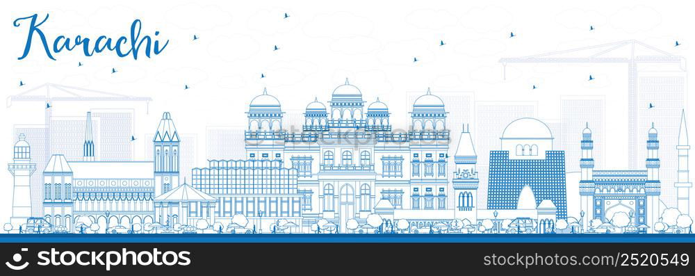 Outline Karachi Skyline with Blue Landmarks. Vector Illustration. Business Travel and Tourism Concept with Historic Buildings. Image for Presentation Banner Placard and Web Site.