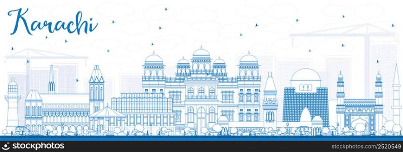Outline Karachi Skyline with Blue Landmarks. Vector Illustration. Business Travel and Tourism Concept with Historic Buildings. Image for Presentation Banner Placard and Web Site.