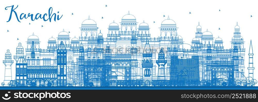 Outline Karachi Skyline with Blue Landmarks. Vector Illustration. Business Travel and Tourism Concept with Historic Buildings. Image for Presentation Banner Placard and Web Site.