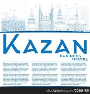 Outline Kazan Skyline with Blue Buildings and Copy Space. Vector Illustration. Business Travel and Tourism Concept with Historic Architecture. Image for Presentation Banner Placard and Web Site.